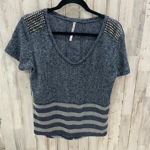 Karen Millen Blue Stripe Studded Tee Womens Size 8 Mixed Media Linen